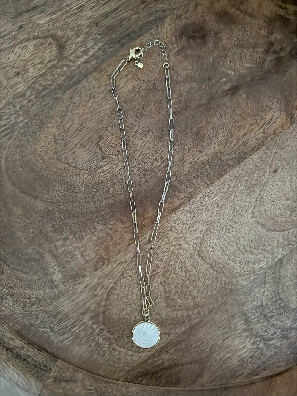 Gold-Tone Double Link Necklace with White Round Pendant